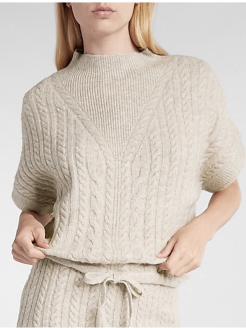 Express Cable-Knit Drawstring Sweater Poncho - Dusty Rose